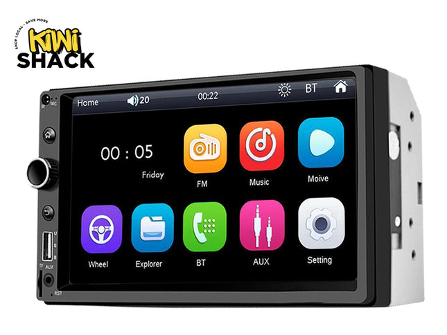Car multimedia display with app icons on a white background, featuring the Kiwi Shack brand.