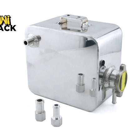 A shiny silver metal fuel tank or fuel cell component with several attached pipes and fittings, shown on a white background with the Kiwi Shack logo in the top-left corner. Two small metal fittings are placed in front of the main unit.