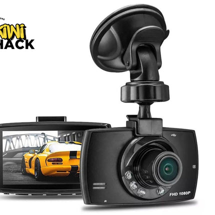 Car dashboard camera with screen displaying a yellow car, branded 'Kiwi Shack'.