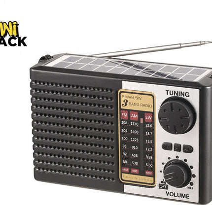 Kiwi Shack 3-band emergency solar radio with tuning dial, volume knob, speaker grille, and carrying strap.