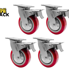 Four red wheels with metal brackets on a white background, featuring the Kiwi Shack logo.