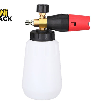 Kini Shack foam cannon attachment with a white plastic bottle, black and gold nozzle assembly, and a red handle, shown on a white background with the KINI SHACK logo in the top-left corner.