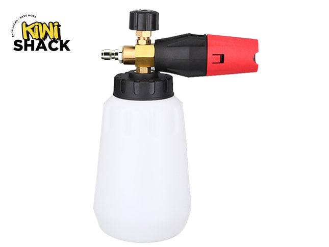 Kini Shack foam cannon attachment with a white plastic bottle, black and gold nozzle assembly, and a red handle, shown on a white background with the KINI SHACK logo in the top-left corner.