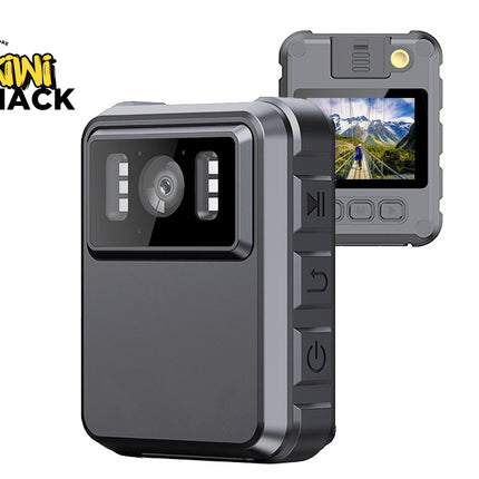 Body camera with screen displaying a mountain scene, branded with 'Kiwi Shack'.