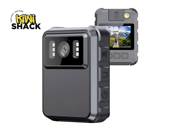 Body camera with screen displaying a mountain scene, branded with 'Kiwi Shack'.