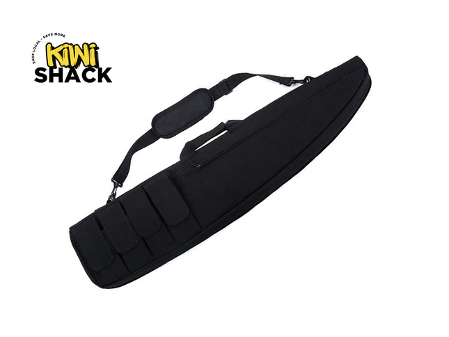 Black gun case with a strap on a white background, featuring the Kiwi Shack logo.