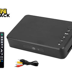A black Kiwi Shack digital receiver box shown with its remote control, power cable, and audio/video cable on a white background.