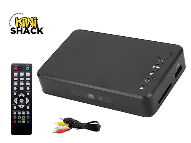 A black Kiwi Shack digital receiver box shown with its remote control, power cable, and audio/video cable on a white background.