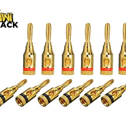 Set of gold banana plugs with red accents on a white background, branded 'Kiwi Shack'.