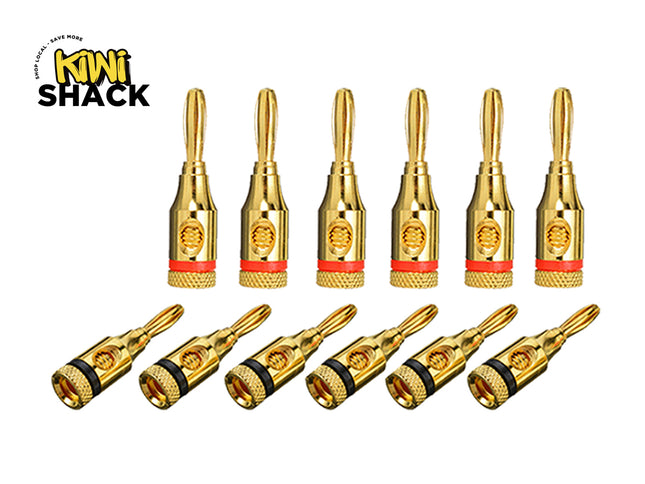 Set of gold banana plugs with red accents on a white background, branded 'Kiwi Shack'.