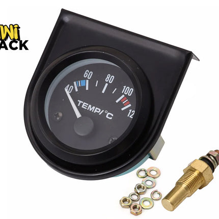 Black automotive temperature gauge with mounting bracket, sensor probe, and hardware, with the Kiwi Shack logo in the top left.