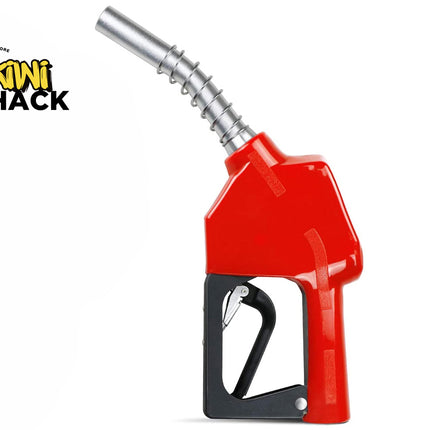 Red fuel nozzle with black handle on a white background, featuring the Kiwi Shack logo.