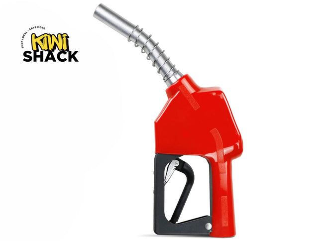 Red fuel nozzle with black handle on a white background, featuring the Kiwi Shack logo.