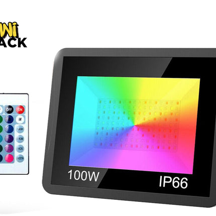 A 100W IP66 waterproof RGB LED floodlight displaying vibrant multi-color illumination on its panel, accompanied by a multi-button remote control, set against a white background. A "Kiwi Shack" logo appears in the top-left corner.