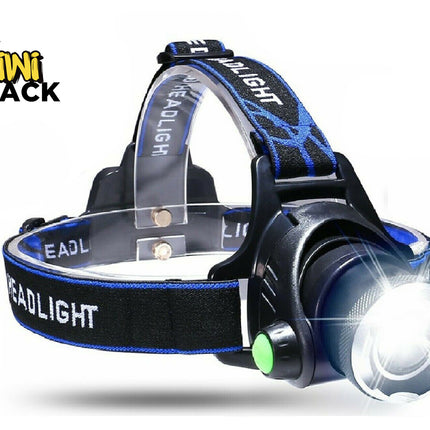 Black LED headlamp with a bright illuminated main beam, black-and-blue elastic strap reading "HEADLIGHT", clear plastic arch support, and a green side power button, branded with the "Kiwi Shack" logo in the top-left corner.