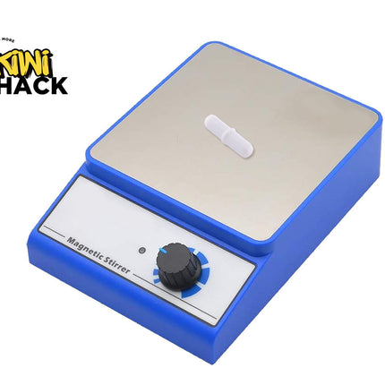 A blue and silver magnetic stirrer from Kiwi Shack, featuring a black rotary dial and a small white plastic tube on its top surface, set against a plain white background.