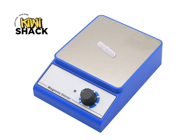 A blue and silver magnetic stirrer from Kiwi Shack, featuring a black rotary dial and a small white plastic tube on its top surface, set against a plain white background.