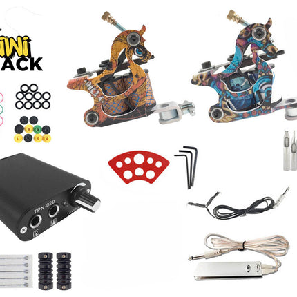 Tattoo machine, ink cartridges, and accessories with Kiwi Shack logo on a white background
