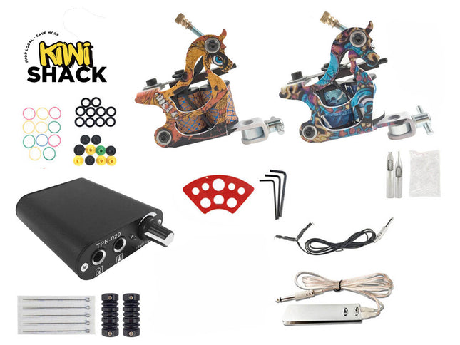 Tattoo machine, ink cartridges, and accessories with Kiwi Shack logo on a white background
