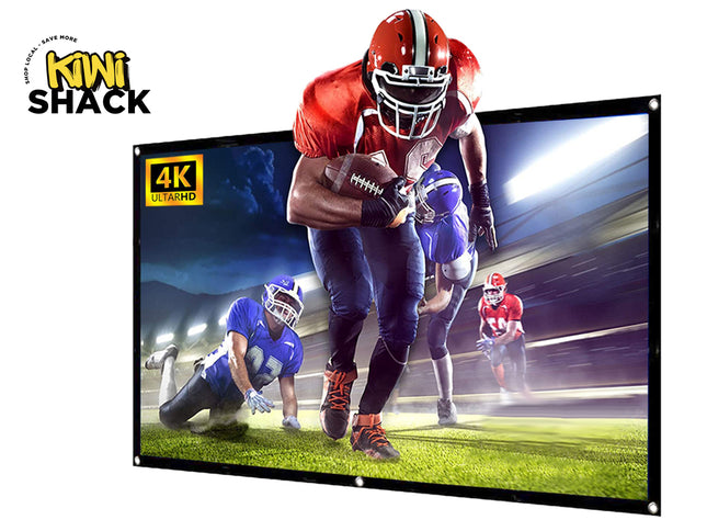 A portable projector screen displaying a high-definition American football game with a 4K Ultra HD label, featuring the "Kiwi Shack" logo in the top-left corner.