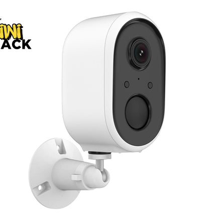 White security camera with black lens on a white background, featuring the Kiwi Shack logo.