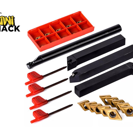Set of black and red metal tools with gold inserts on a white background, branded 'Kiwi Shack'.