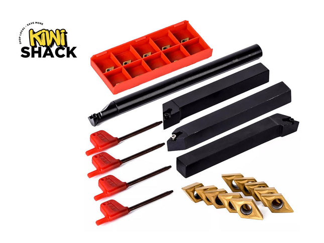 Set of black and red metal tools with gold inserts on a white background, branded 'Kiwi Shack'.