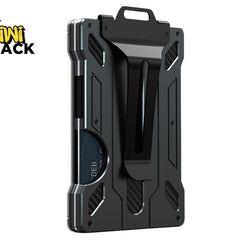 Black minimalist metal / carbon-fiber-accented slim RFID-blocking money clip wallet with a heavy-duty money clip on the back, card push-out/notch slot showing a card edge, exposed screws, and the Kiwi Shack logo watermark.