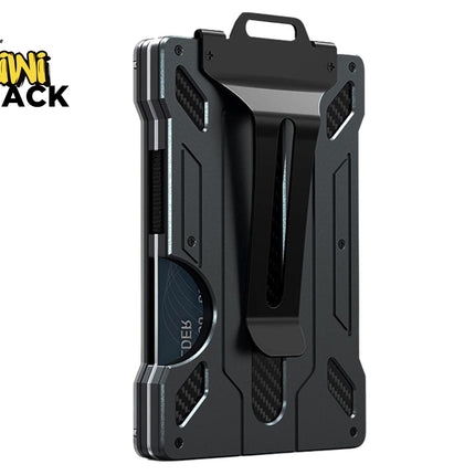 Black minimalist metal / carbon-fiber-accented slim RFID-blocking money clip wallet with a heavy-duty money clip on the back, card push-out/notch slot showing a card edge, exposed screws, and the Kiwi Shack logo watermark.