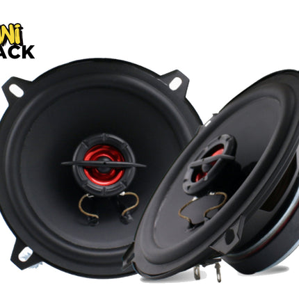 Two black car audio speakers shown on a white background, with one speaker face turned toward the viewer and the other angled to show the side and internal structure. The Kiwi Shack logo is visible in the top-left corner.
