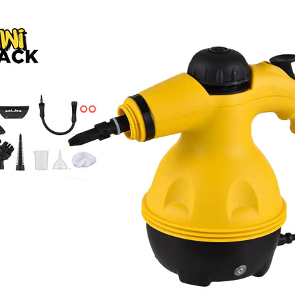 A yellow and black handheld steam cleaner with various attachment nozzles and accessories arranged to the left, featuring a "Kiwi Shack" logo in the top left corner.