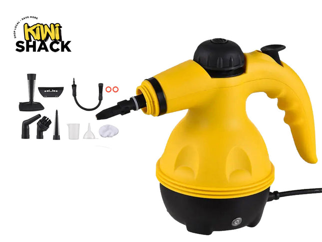 A yellow and black handheld steam cleaner with various attachment nozzles and accessories arranged to the left, featuring a "Kiwi Shack" logo in the top left corner.