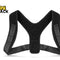 A black adjustable posture corrector brace with breathable perforated fabric straps, featuring the "Kiwi Shack" logo in the top-left corner.