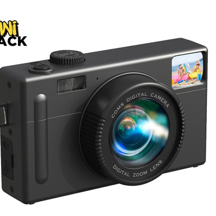 Black digital camera with lens and display on a white background, featuring the Kiwi Shack logo.