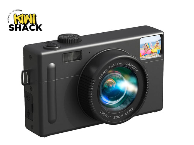 Black digital camera with lens and display on a white background, featuring the Kiwi Shack logo.