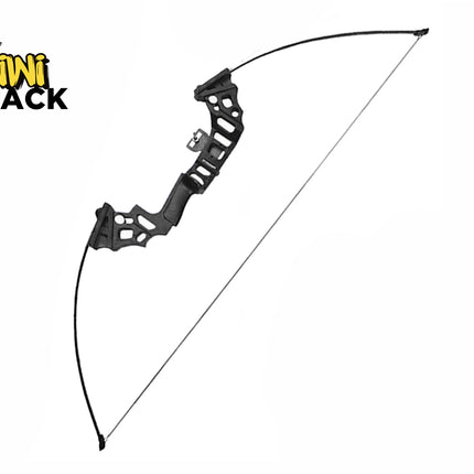 A black recreational recurve bow with a skeletal riser design and string, featuring the "Kiwi Shack" logo in the top-left corner.