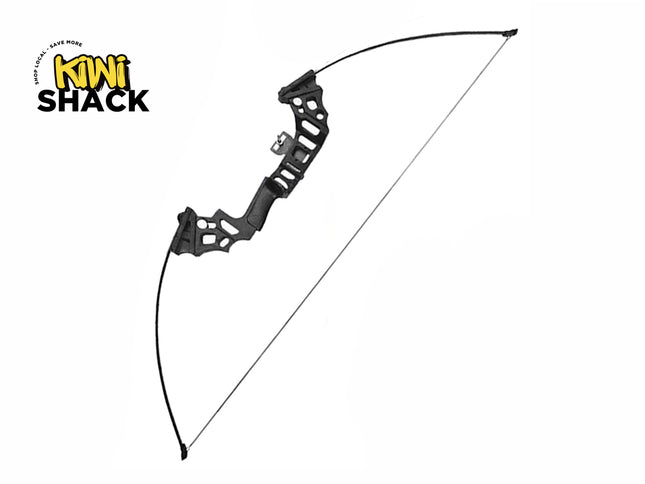A black recreational recurve bow with a skeletal riser design and string, featuring the "Kiwi Shack" logo in the top-left corner.