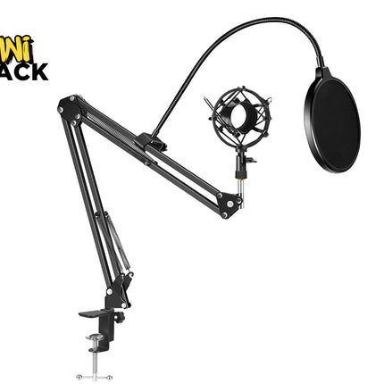 A black adjustable microphone suspension boom arm featuring a desk clamp mounting base, internal spring-loaded articulation, a shock mount, and an attached flexible gooseneck pop filter against a white background, featuring the "Kiwi Shack" logo in the upper left corner.