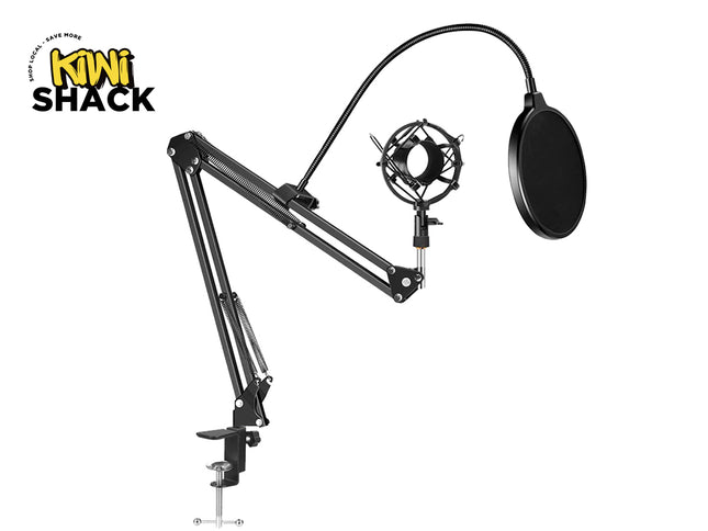 A black adjustable microphone suspension boom arm featuring a desk clamp mounting base, internal spring-loaded articulation, a shock mount, and an attached flexible gooseneck pop filter against a white background, featuring the "Kiwi Shack" logo in the upper left corner.