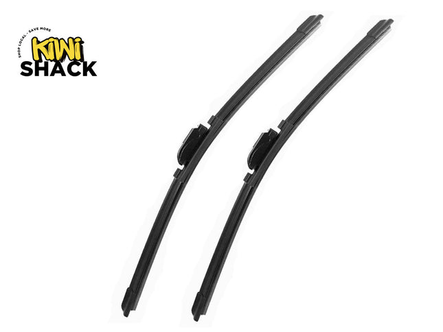 Two black car windshield wiper blades shown on a plain white background, with the Kiwi Shack logo in the top-left corner.