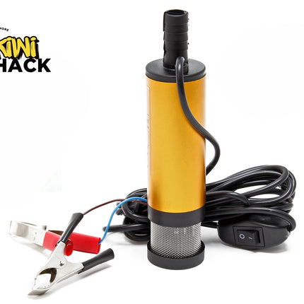 Yellow submersible pump with wiring and clips on a white background, branded 'Kiwi Shack'.