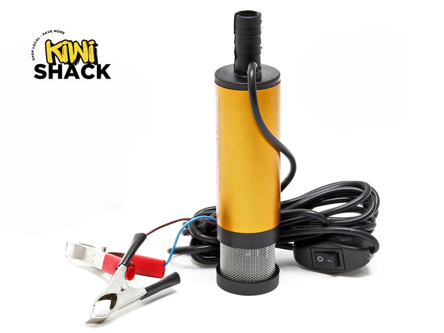 Yellow submersible pump with wiring and clips on a white background, branded 'Kiwi Shack'.