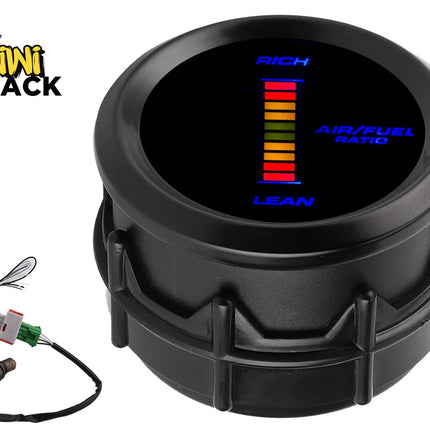 Black air/fuel ratio gauge with colorful display and wiring on a white background, featuring the Kiwi Shack brand.