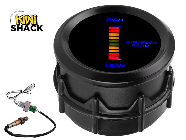 Black air/fuel ratio gauge with colorful display and wiring on a white background, featuring the Kiwi Shack brand.