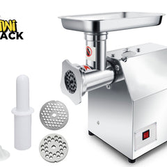 Stainless steel meat grinder with attachments on a white background, featuring the Kiwi Shack brand.