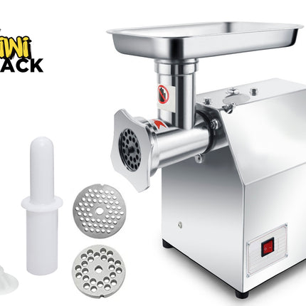 Stainless steel meat grinder with attachments on a white background, featuring the Kiwi Shack brand.