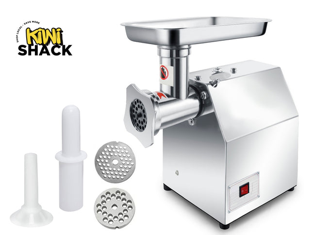 Stainless steel meat grinder with attachments on a white background, featuring the Kiwi Shack brand.