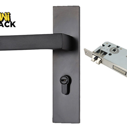 Door handle and lock mechanism with Kiwi Shack logo on a white background