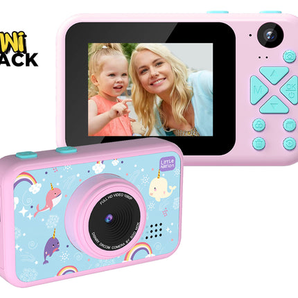 Two pink children's cameras from Mini Shack, one with a screen showing a woman and child and the other decorated with pastel unicorn and rainbow patterns, on a white background.