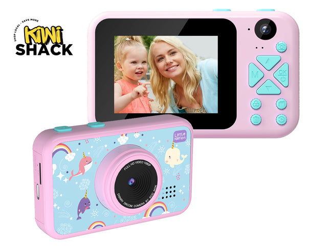 Two pink children's cameras from Mini Shack, one with a screen showing a woman and child and the other decorated with pastel unicorn and rainbow patterns, on a white background.